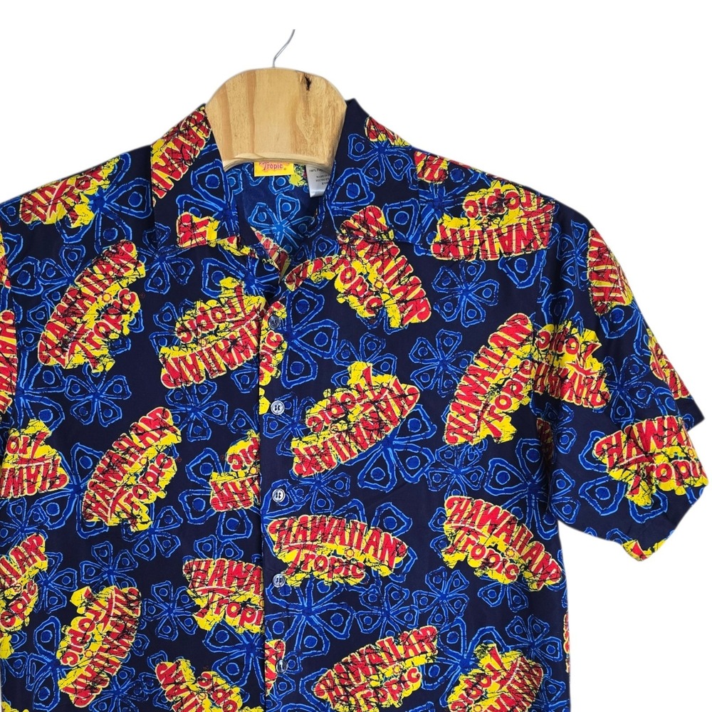 Hawaiian Tropic Mens Large Blue Batik Logo Print Short Sleeve Button Camp Shirt